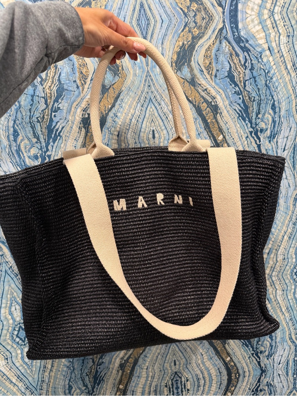 Marni Black Woven Tote with Cream Handles